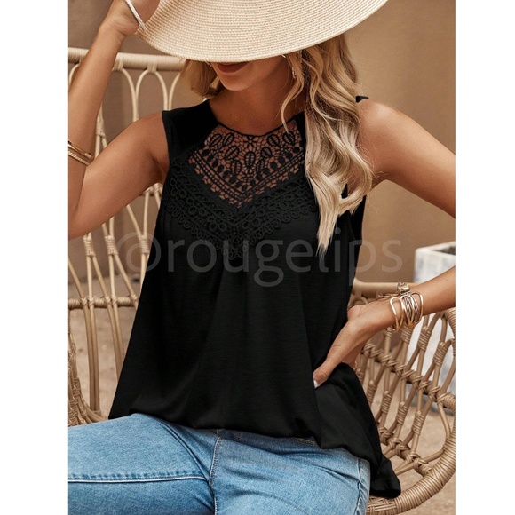 Black Guipure Crochet Detail Long Tank Top Loose Fit - Picture 5 of 7